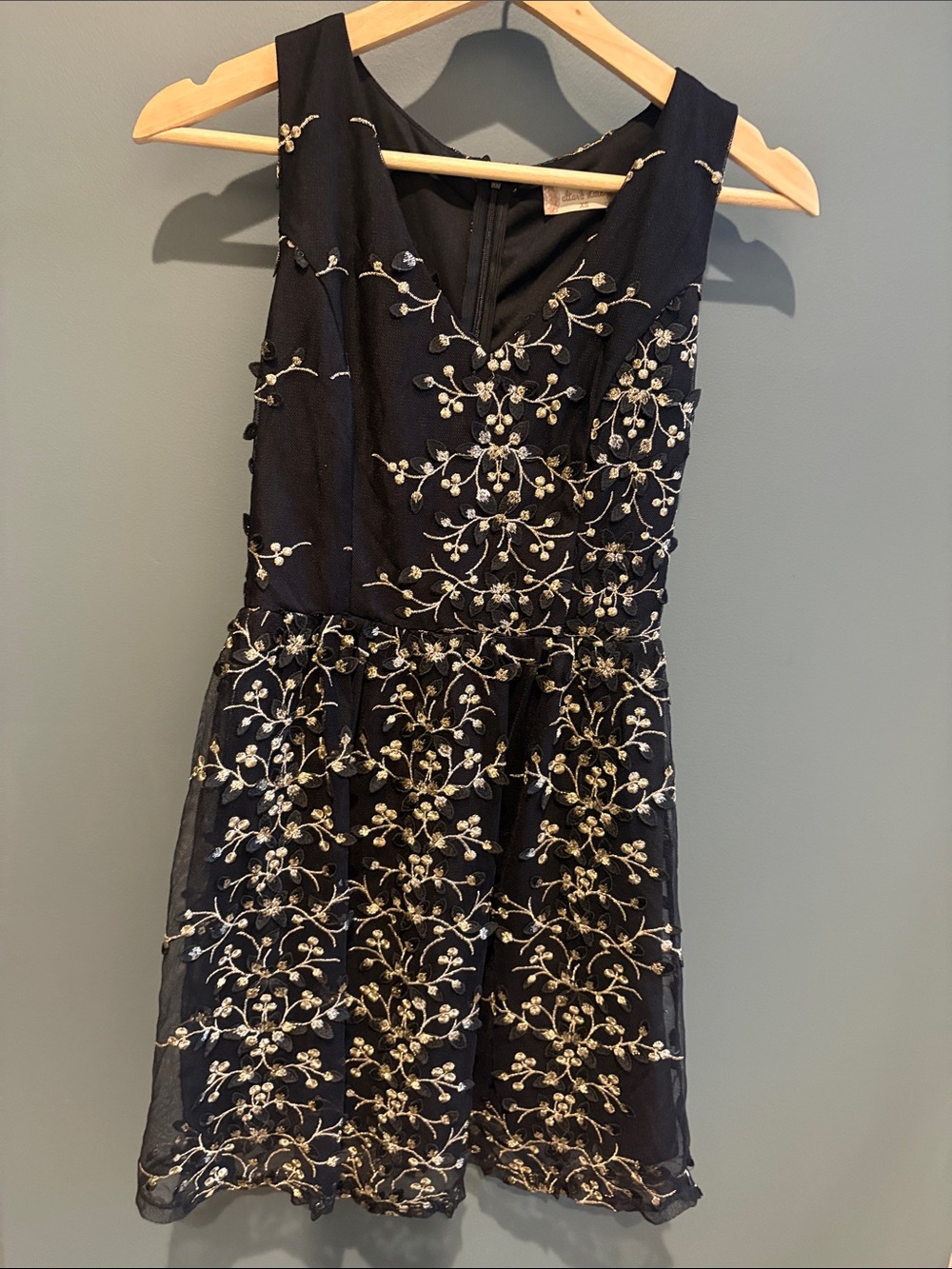 Altar’d State XS Elegant Black Dress with Gold Embroidered Floral Detail